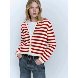 MASSIMO DUTTI striped knit cardigan Stripe gold buttons Red White CREAM M